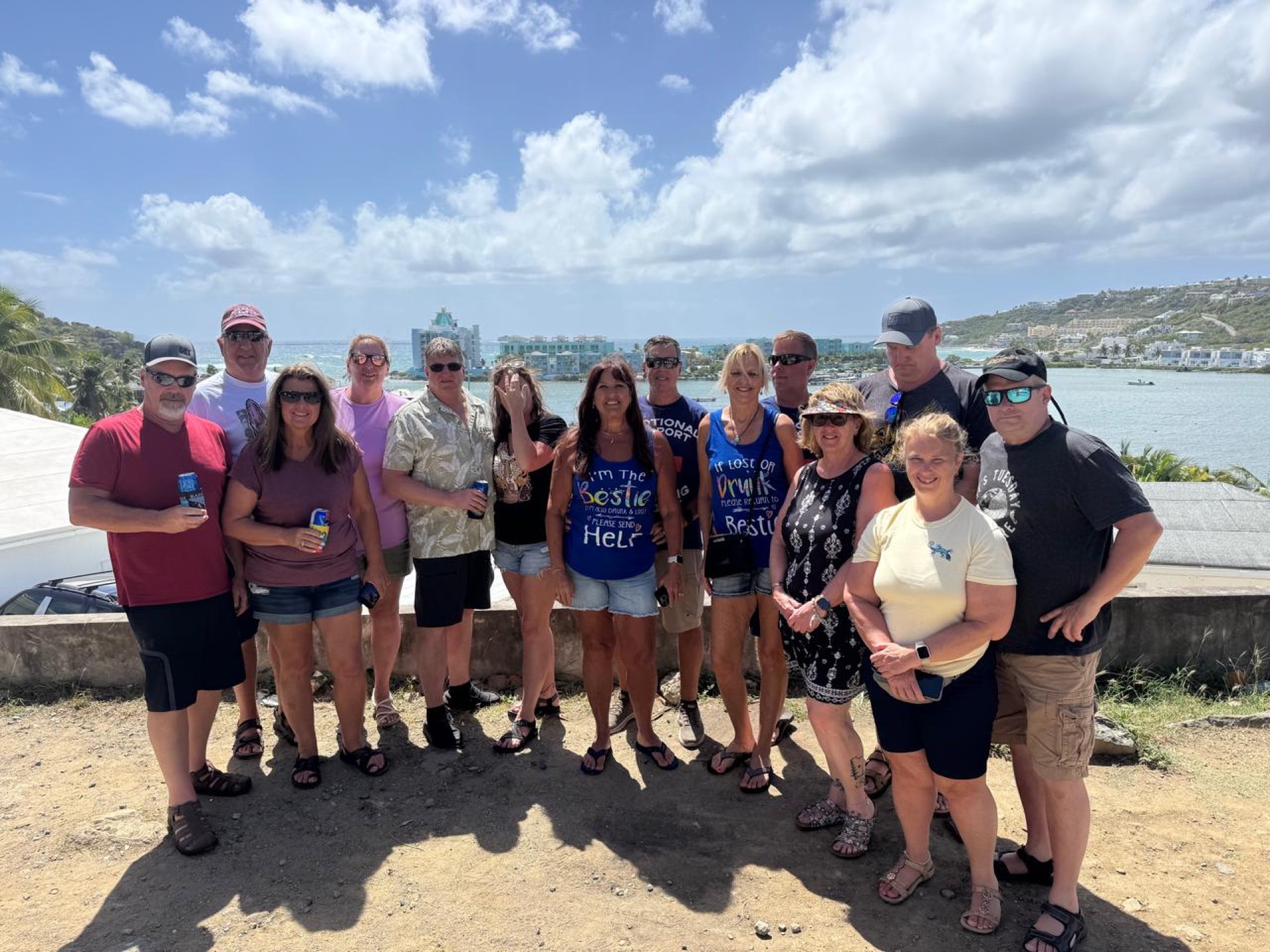 Large happy tour group on a Johnson Fantastic Transport island tour in Sint Maarten