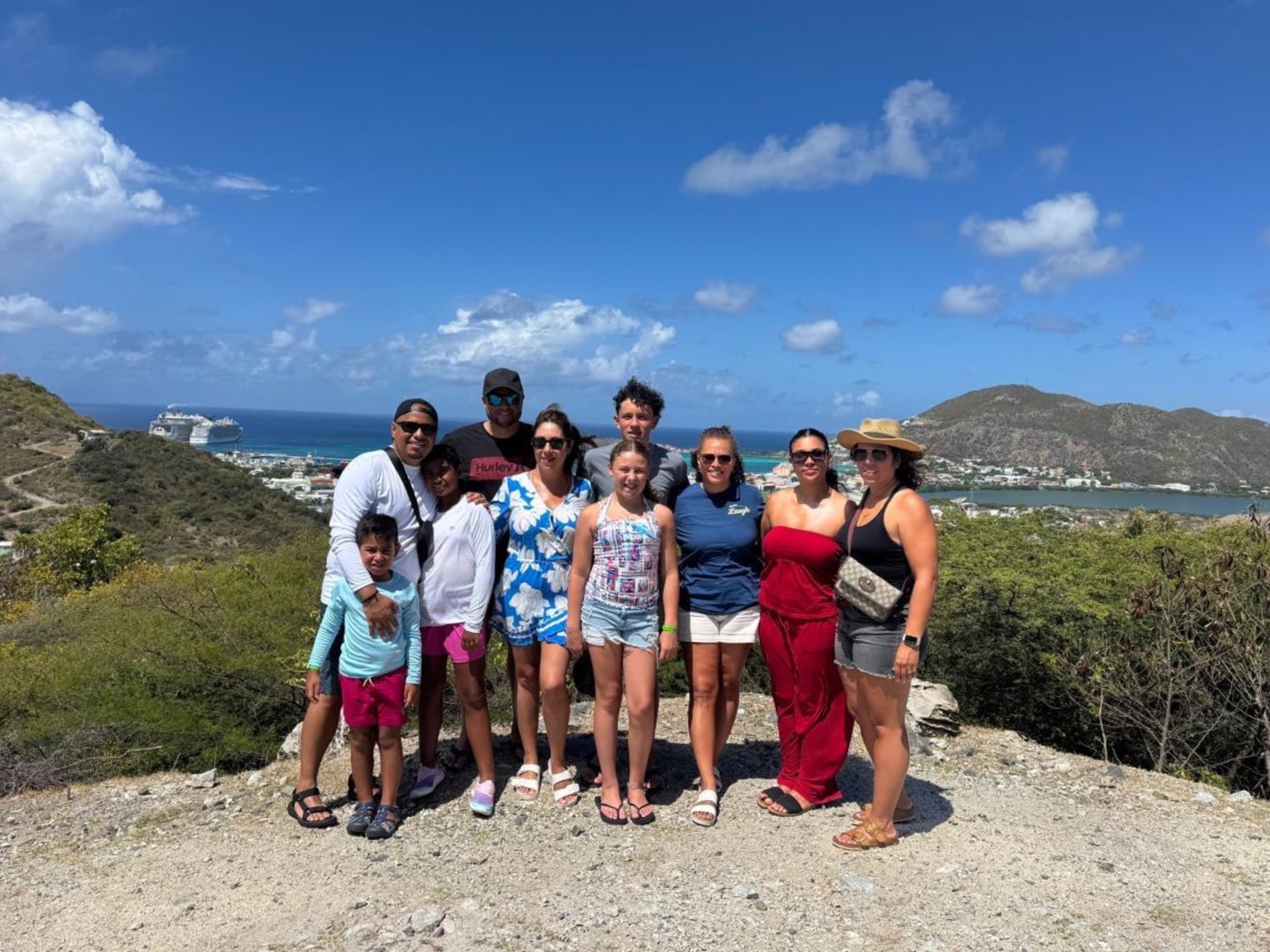 Mountaintop viewpoint with a cruise ship docked in Philipsburg harbour, Sint Maarten
