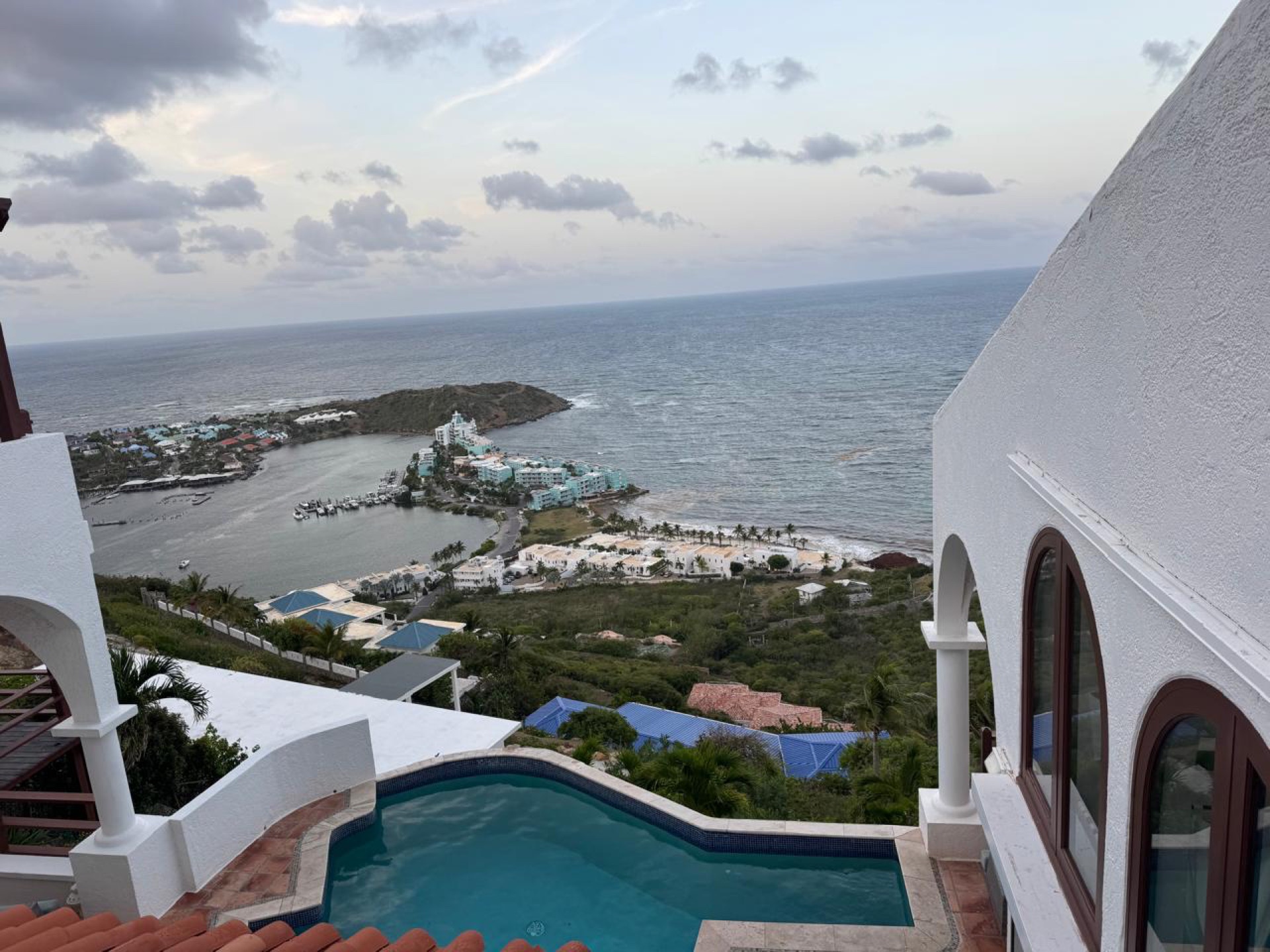 Hilltop villa viewpoint overlooking Oyster Pond marina and the Caribbean Sea in Sint Maarten